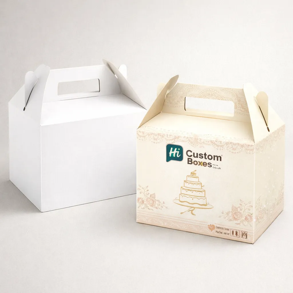 Gable-style wedding cake boxes with handles, displaying a cream-coloured bespoke design alongside a minimalist plain white version. class=